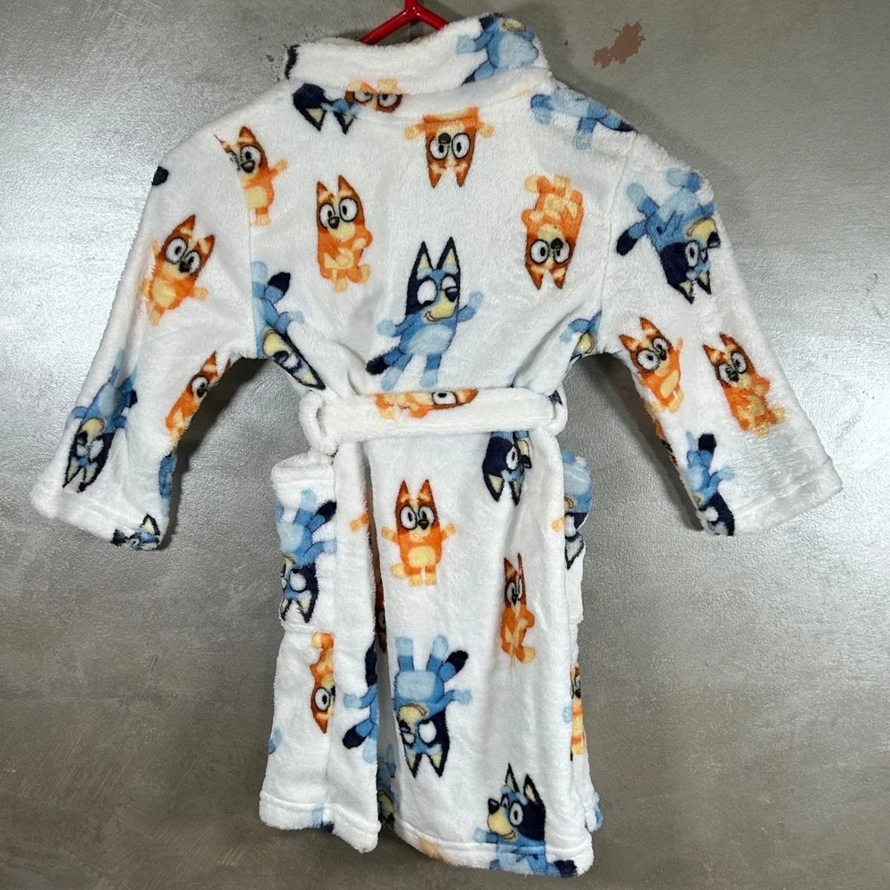 Bluey Bingo Kids Fleece Bathrobe White Blue Orange Size 4T Brand New Bath Time